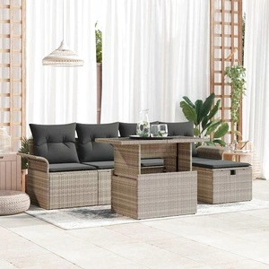 Градински комплект 6 части полиратан светлосив с възглавници