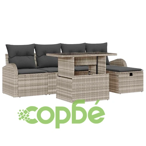 Градински комплект мебели 6 части светлосиво полиратан с възглавници ➤ топ цена ➤ sorbe.bg