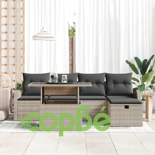 Градински комплект мебели 6 части светлосиво полиратан с възглавници ➤ топ цена ➤ sorbe.bg