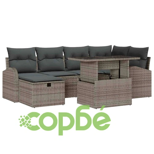 Градински комплект мебели полиратан 7 части с възглавници сив ➤ топ цена ➤ sorbe.bg