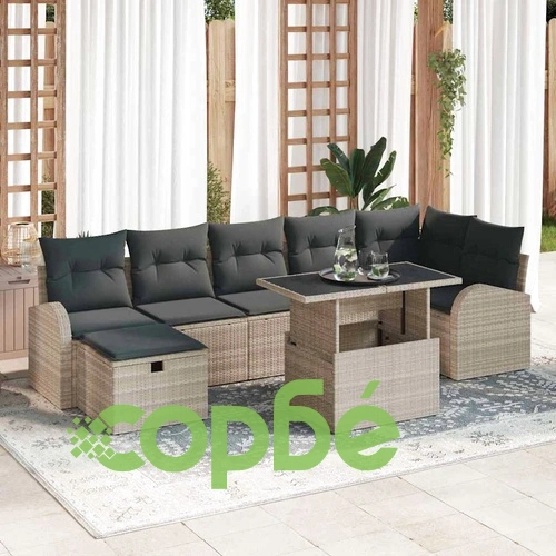 Градински комплект мебели 8 части светлосив полиратан с възглавници ➤ топ цена ➤ sorbe.bg