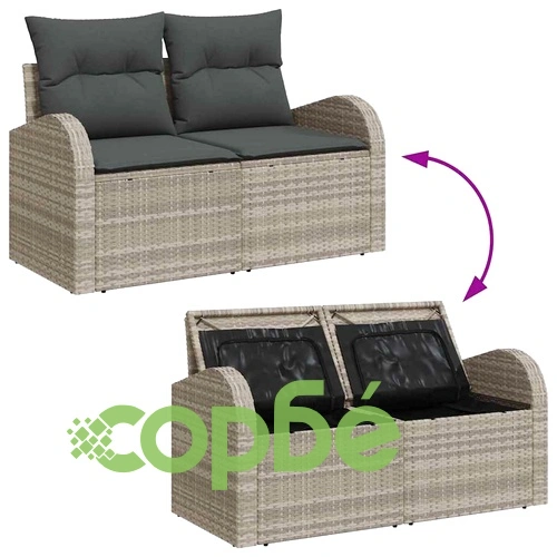 Градински комплект мебели 8 части светлосив полиратан с възглавници ➤ топ цена ➤ sorbe.bg