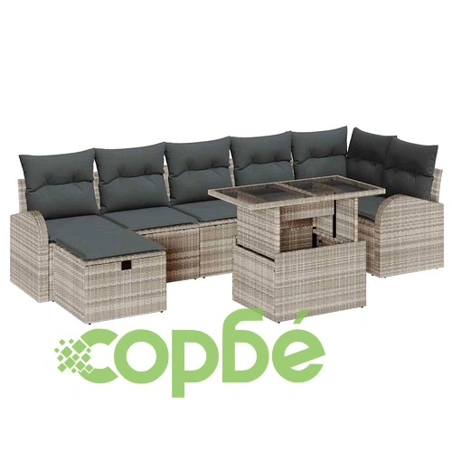 Градински комплект мебели 8 части светлосив полиратан с възглавници ➤ топ цена ➤ sorbe.bg