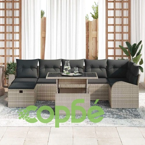 Градински комплект мебели 8 части светлосив полиратан с възглавници ➤ топ цена ➤ sorbe.bg
