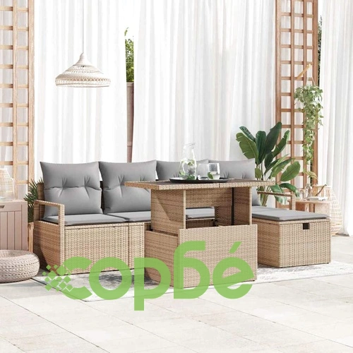 Градински комплект софа 6 части с възглавници бежов полиратан 55x55x37 см ➤ топ цена ➤ sorbe.bg