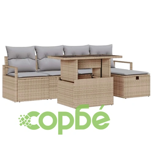 Градински комплект софа 6 части с възглавници бежов полиратан 55x55x37 см ➤ топ цена ➤ sorbe.bg