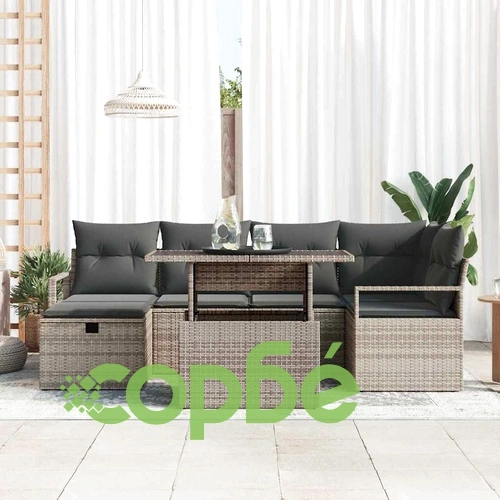 Градински комплект мебели 7 части с възглавници сив полиратан ➤ топ цена ➤ sorbe.bg