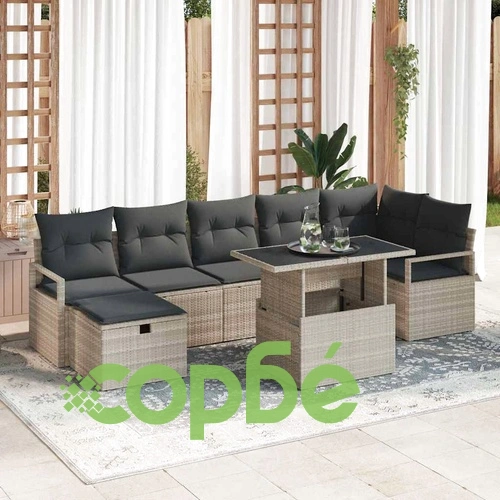 Градински Комплект Мебели 8 Части Светлосиво Полиратан с Възглавници ➤ топ цена ➤ sorbe.bg