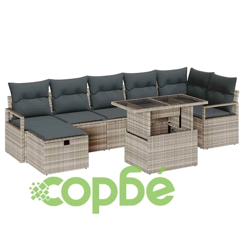 Градински Комплект Мебели 8 Части Светлосиво Полиратан с Възглавници ➤ топ цена ➤ sorbe.bg