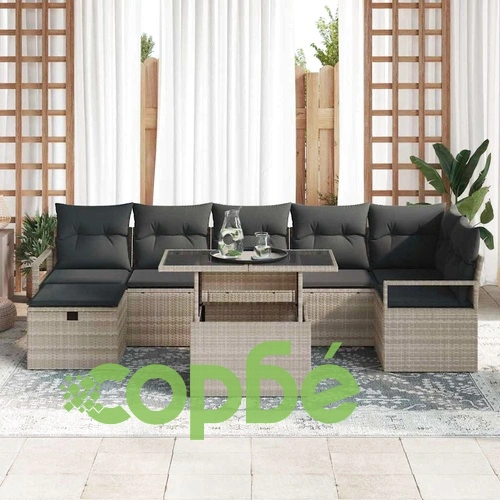 Градински Комплект Мебели 8 Части Светлосиво Полиратан с Възглавници ➤ топ цена ➤ sorbe.bg