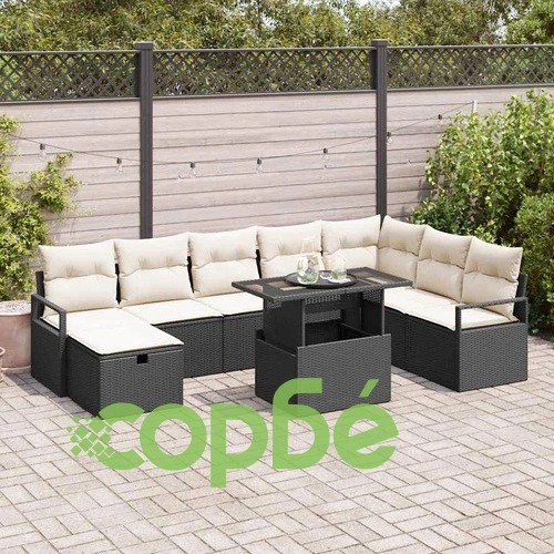 Градински диван комплект 9 части с възглавници черен полиратан ➤ топ цена ➤ sorbe.bg