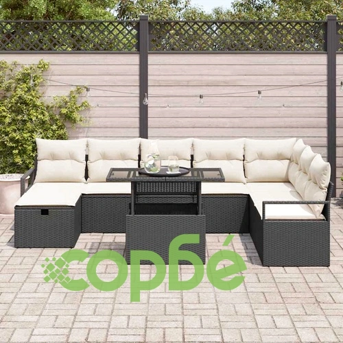Градински диван комплект 9 части с възглавници черен полиратан ➤ топ цена ➤ sorbe.bg