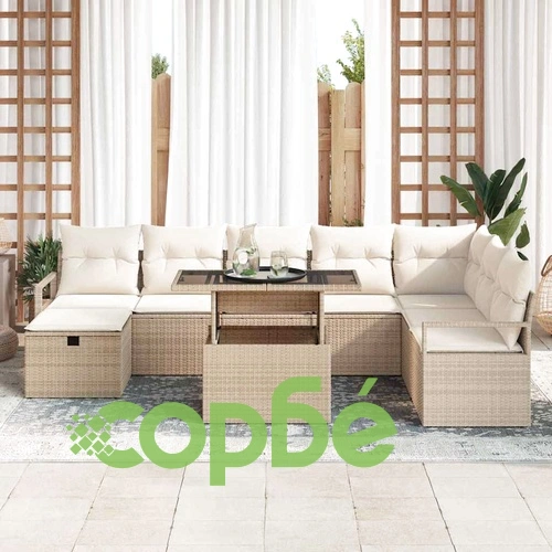 Градински комплект софа 9 части с възглавници от полиратан - бежов ➤ топ цена ➤ sorbe.bg