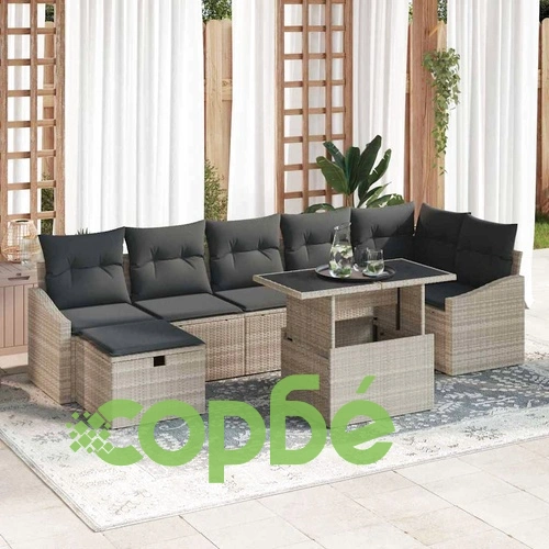 Градински комплект мебели 8 части полиратан светлосив с възглавници ➤ топ цена ➤ sorbe.bg