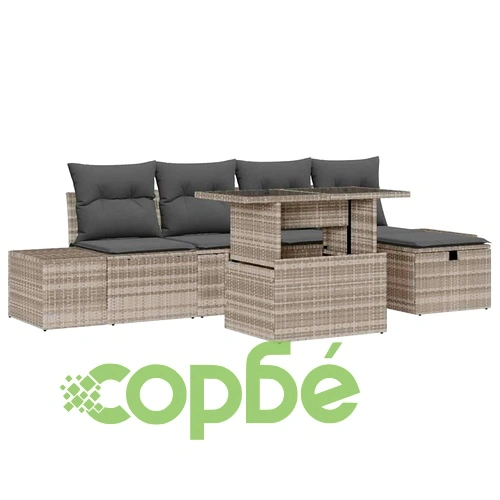 Градински комплект мебели 6 части с възглавници светлосив полиратан ➤ топ цена ➤ sorbe.bg