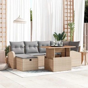 Градински комплект мебели 7 части с възглавници бежов полиратан