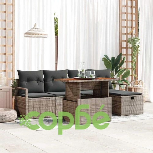 Градински комплект мебели 6 части с възглавници сив полиратан ➤ топ цена ➤ sorbe.bg