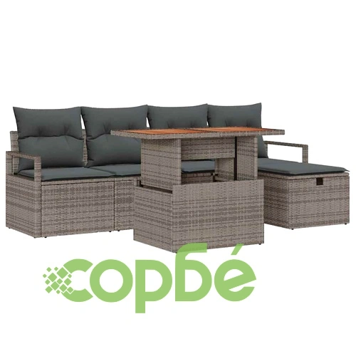 Градински комплект мебели 6 части с възглавници сив полиратан ➤ топ цена ➤ sorbe.bg