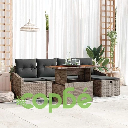 Градински комплект мебели 6 части сив полиратан с възглавници ➤ топ цена ➤ sorbe.bg