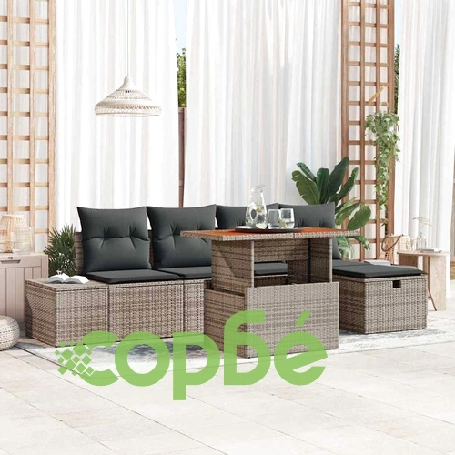 Градински комплект мебели 6 части сив полиратан с възглавници ➤ топ цена ➤ sorbe.bg