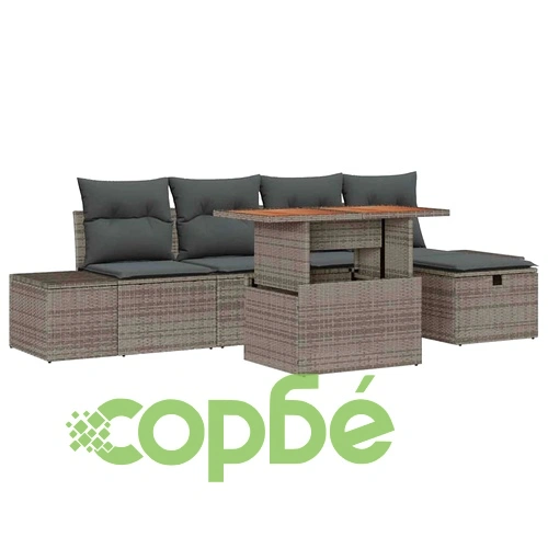 Градински комплект мебели 6 части сив полиратан с възглавници ➤ топ цена ➤ sorbe.bg