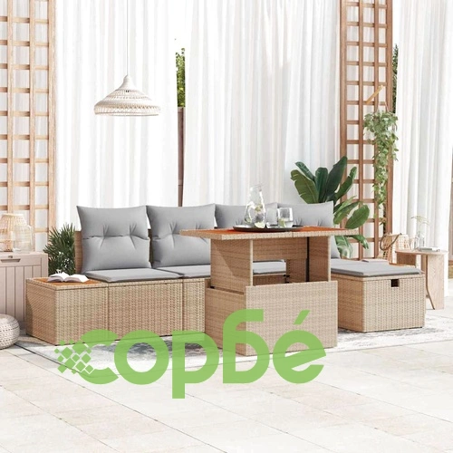 Градински комплект от 6 части с възглавници бежов полиратан акация ➤ топ цена ➤ sorbe.bg