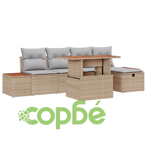 Градински комплект от 6 части с възглавници бежов полиратан акация ➤ топ цена ➤ sorbe.bg