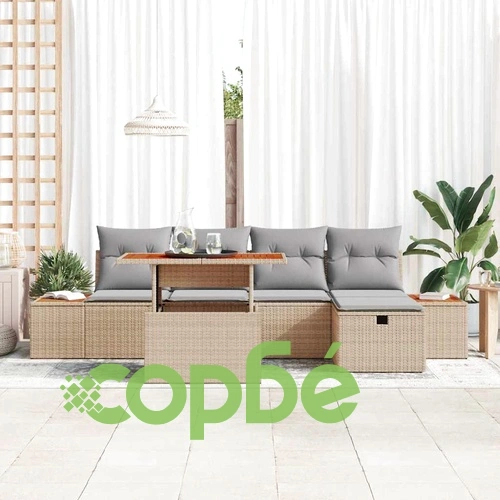 Градински комплект от 6 части с възглавници бежов полиратан акация ➤ топ цена ➤ sorbe.bg