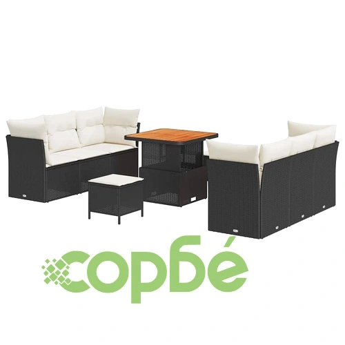 Градински комплект мебели 9 части полиратан и акация черен 80x80x71 см ➤ топ цена ➤ sorbe.bg