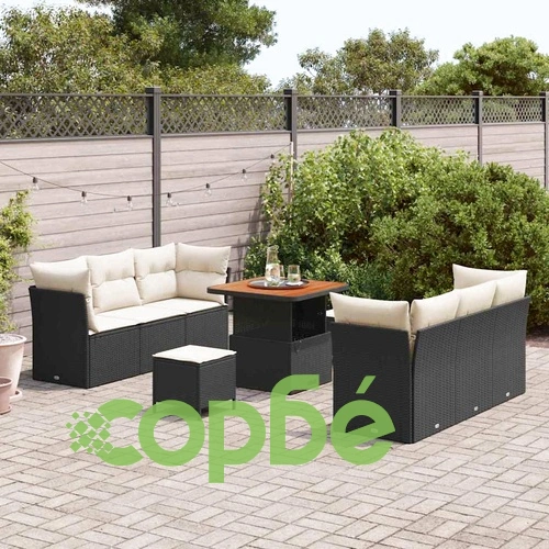 Градински комплект мебели 9 части полиратан и акация черен 80x80x71 см ➤ топ цена ➤ sorbe.bg