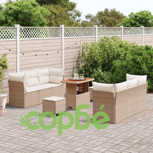 Градински комплект мебели 9 части полиратан бежов с възглавници акация ➤ топ цена ➤ sorbe.bg