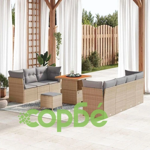 Градински комплект мебели 10 части от полиратан бежов с акациева маса ➤ топ цена ➤ sorbe.bg