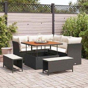 Градински комплект мебели 8 части с възглавници черен полиратан акация