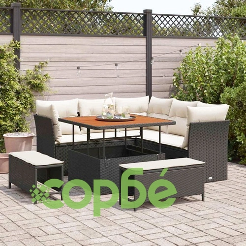 Градински комплект мебели 8 части с възглавници черен полиратан акация ➤ топ цена ➤ sorbe.bg