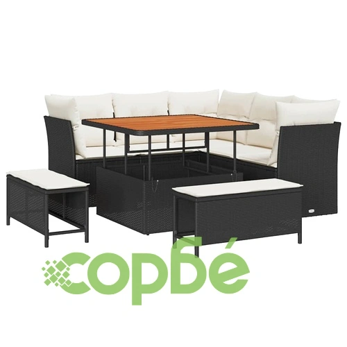 Градински комплект мебели 8 части с възглавници черен полиратан акация ➤ топ цена ➤ sorbe.bg