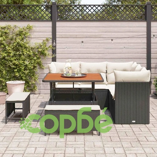 Градински комплект мебели 8 части с възглавници черен полиратан акация ➤ топ цена ➤ sorbe.bg