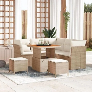 Градински комплект мебели 8 части с възглавници бежов полиратан акация