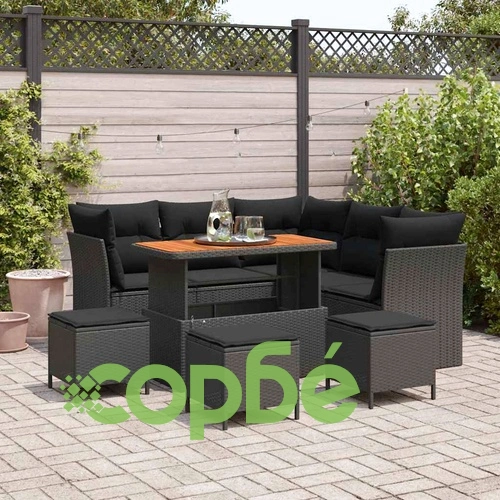 Градински комплект мебели 9 части полиратан и акация черен ➤ топ цена ➤ sorbe.bg