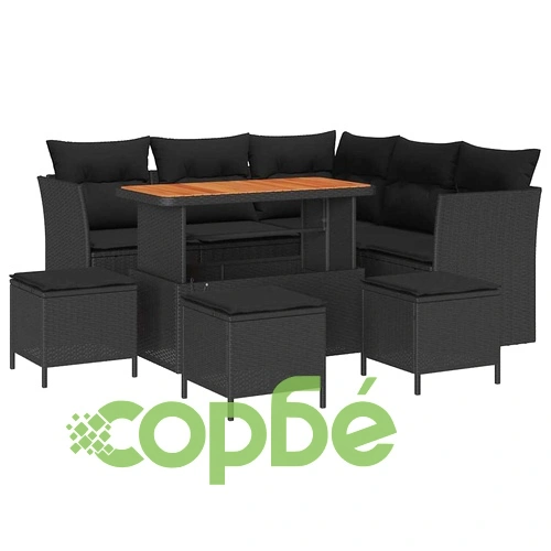 Градински комплект мебели 9 части полиратан и акация черен ➤ топ цена ➤ sorbe.bg