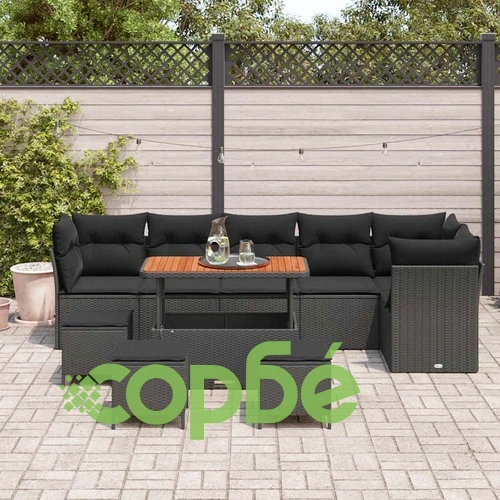 Градински Комплект Мебели 10 части от Полиратан и Акация - Черен ➤ топ цена ➤ sorbe.bg