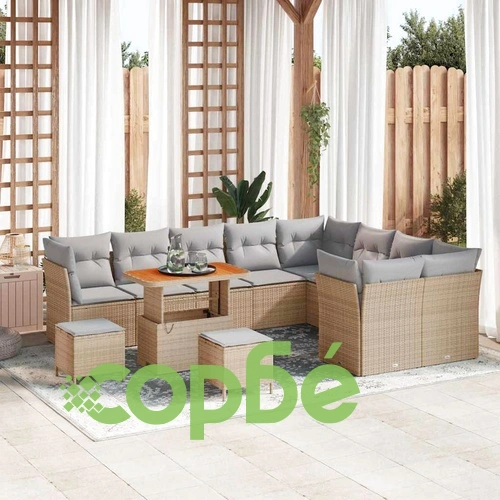 Градински комплект мебели 12 части полиратан бежов с възглавници акация ➤ топ цена ➤ sorbe.bg