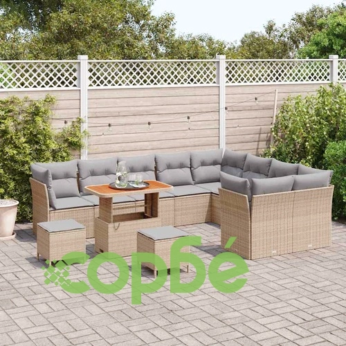 Градински комплект мебели 12 части полиратан бежов с възглавници акация ➤ топ цена ➤ sorbe.bg