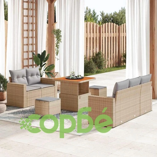 Градински комплект мебели 8 части полиратан бежов с възглавници акация ➤ топ цена ➤ sorbe.bg