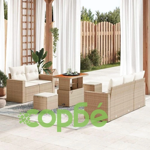 Градински комплект мебели 8 части полиратан бежов с възглавници акация ➤ топ цена ➤ sorbe.bg