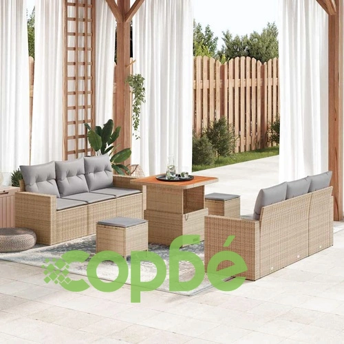 Градински комплект от 9 части с възглавници бежов полиратан акация ➤ топ цена ➤ sorbe.bg