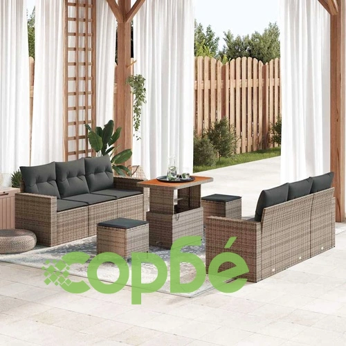 Градински комплект мебели 9 части полиратан сив с възглавници акация ➤ топ цена ➤ sorbe.bg