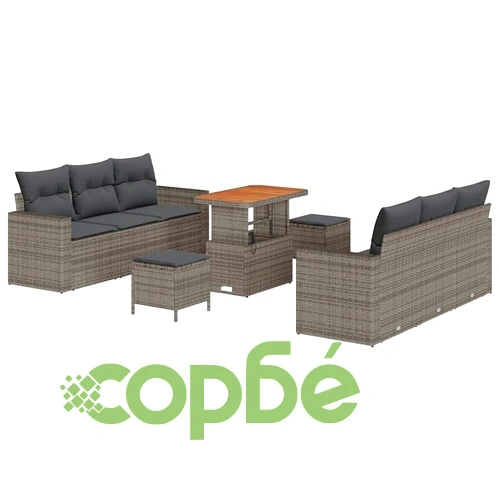 Градински комплект мебели 9 части полиратан сив с възглавници акация ➤ топ цена ➤ sorbe.bg