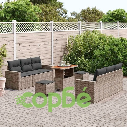 Градински комплект мебели 9 части полиратан сив с възглавници акация ➤ топ цена ➤ sorbe.bg