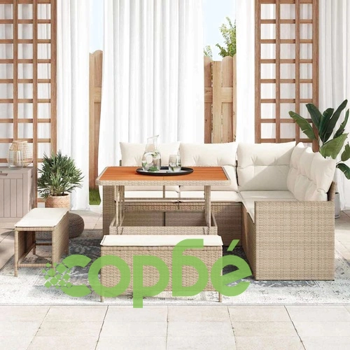 Градински комплект мебели 8 части полиратан бежов с възглавници ➤ топ цена ➤ sorbe.bg