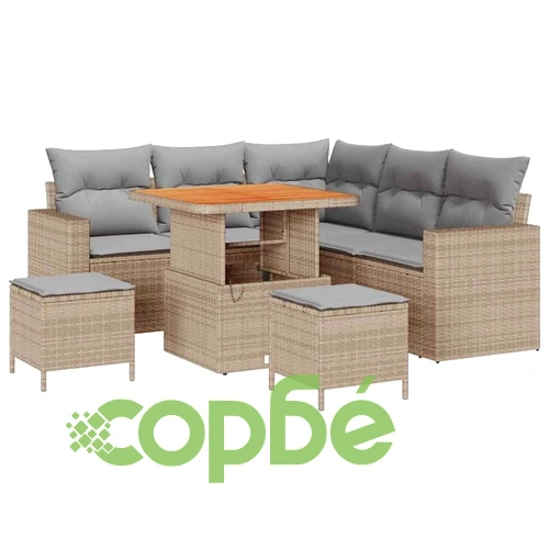 Градински комплект 8 части с възглавници бежов полиратан акация ➤ топ цена ➤ sorbe.bg